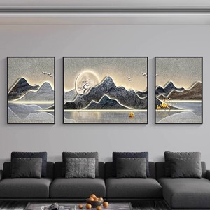 Arte Murale di Lusso per Soggiorno, Triptico di Montagne in 3 Pezzi con Significato Portafortuna, Paesaggio Premium per Sfondo Divano - Product Image 1