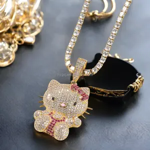 Colliers de pendentifs en cuivre de zircon cubique de chat de dessin animé mignon plaqué or 14K Hip Hop