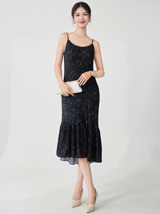 2025 conception de style coréen à la mode et élégante robe mi-plissée florale noire pour femmes en stock pour la vente en ligne - Product Image 6