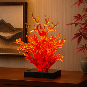 Jingyue Rode Koraalhars Kunstsculptuur, Abstract Decor Voor Luxe Huis En Kantoor, High-End Ornament Met Zwart Marmeren Basis - Product Image 1
