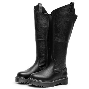 Black Knee-High <b>Boots</b> Genuine Leather Round Toe Flat Heel Anti-Slippery Rubber Outsole Slip-On Winter Solid Color Wholesale - Product Image 4