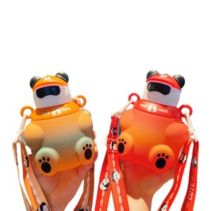 Cartoon Animal Bear Water Cup With Straw Strap And Handle For Kids Travel Green Black Red Orange - Product Image 5
