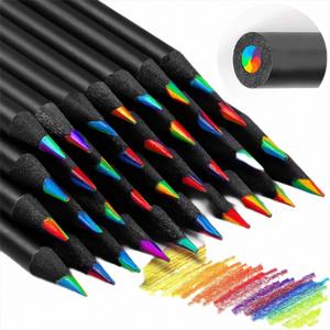 Crayons en bois promotionnels noirs ronds - Crayons de couleur arc-en-ciel pour l'école et les fournitures de bureau - Product Image 2