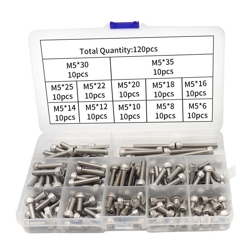 SS304 Hex Head Screw Kit M5 Fasteners Hardware Assortment Set with Plain Finish Socket Hardware Assortment Set