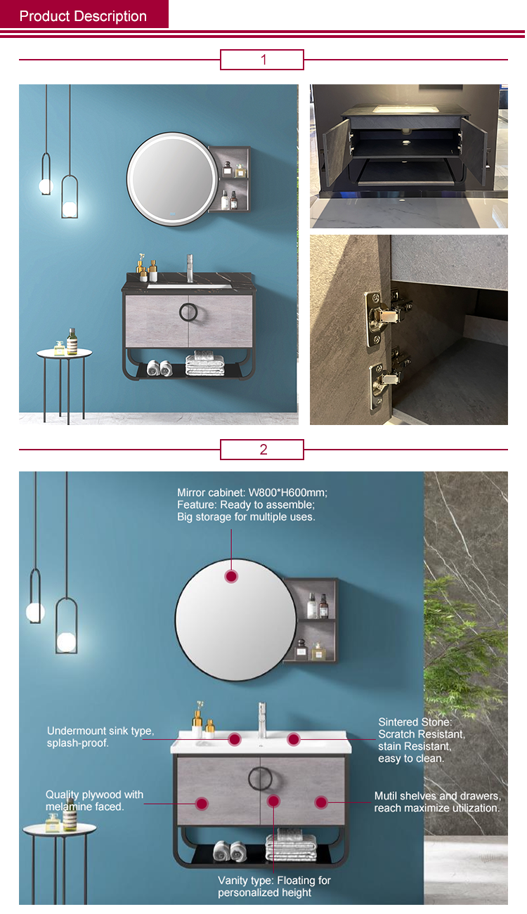 Minimalist Style Wall Mount Bathroom Vanity Cabinets With LED Light Mirror