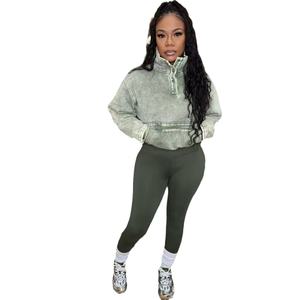 Setelan 2 Potong Hot Cotton Pakaian Wanita Hoodie Polos dan Legging Acid Wash Setelan Jogging Musim Dingin dan Semi untuk Wanita - Product Image 5