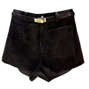 2025 mùa xuân mới màu đen Giữa Eo da lộn da quần <span class=keywords><strong>short</strong></span> cho phụ nữ thời trang dạo phố phong cách với vành đai da thật không dệt phương pháp dệt - Product Image 4