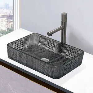 Transparent Vessel Art Wash Hand Basin Rectangular Bathroom Black Glass Counter Top Sink