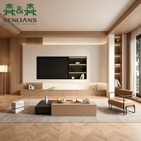 Panneau mural décoratif crème avec niche d'affichage foncée, console à tiroirs en bois et colonne de rangement haute pour la maison