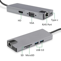 Hub USB Tipo C de Aluminio con 8 Puertos, Lector de Tarjetas SD y TF, HDTV, J45, VGA, PD, Tarjeta de Red Gigabit, Adaptador USB 3.0