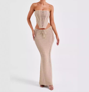 Soirée serrée Sexy gros seins robe dos nu bustier tubulaire longue hanche-couvrant tricoté jupe costume robe Sexy pour femme mature - Product Image 1