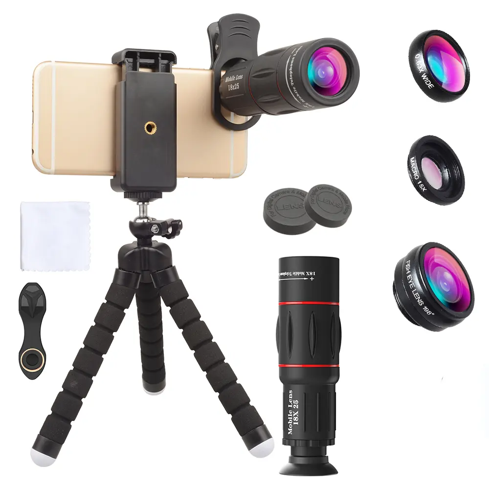 APEXEL 5 IN 1 Wide Angle Macro Fisheye 18x Optical Zoom Telescope Mobile Camera Lens for Mobile Phone with Tripod