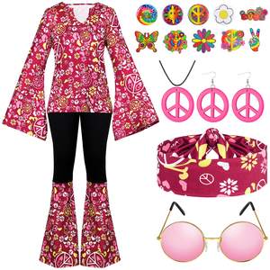 Kadınlar için 60s 70s kıyafetler hippi kostüm seti disko kıyafet elbise Boho Flared pantolon hippi gömlek bandı - Product Image 1