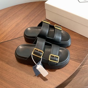 designer <b>Black</b> Genuine Leather Platform men's <b>Slides</b> slippers With <b>Gold</b> Buckle Open Toe EVA Sole Summer Casual Women's Sandals - Product Image 1