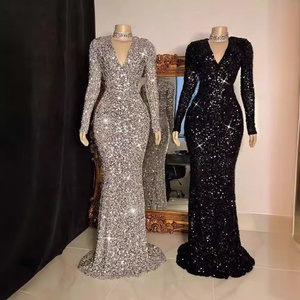 Elegant Mermaid Tail <b>Sequin</b> <b>Material</b> Evening Dress V-Neck Long Sleeve Slim Fit Party Prom Banquet Breathable Comfortable Size XL - Product Image 1