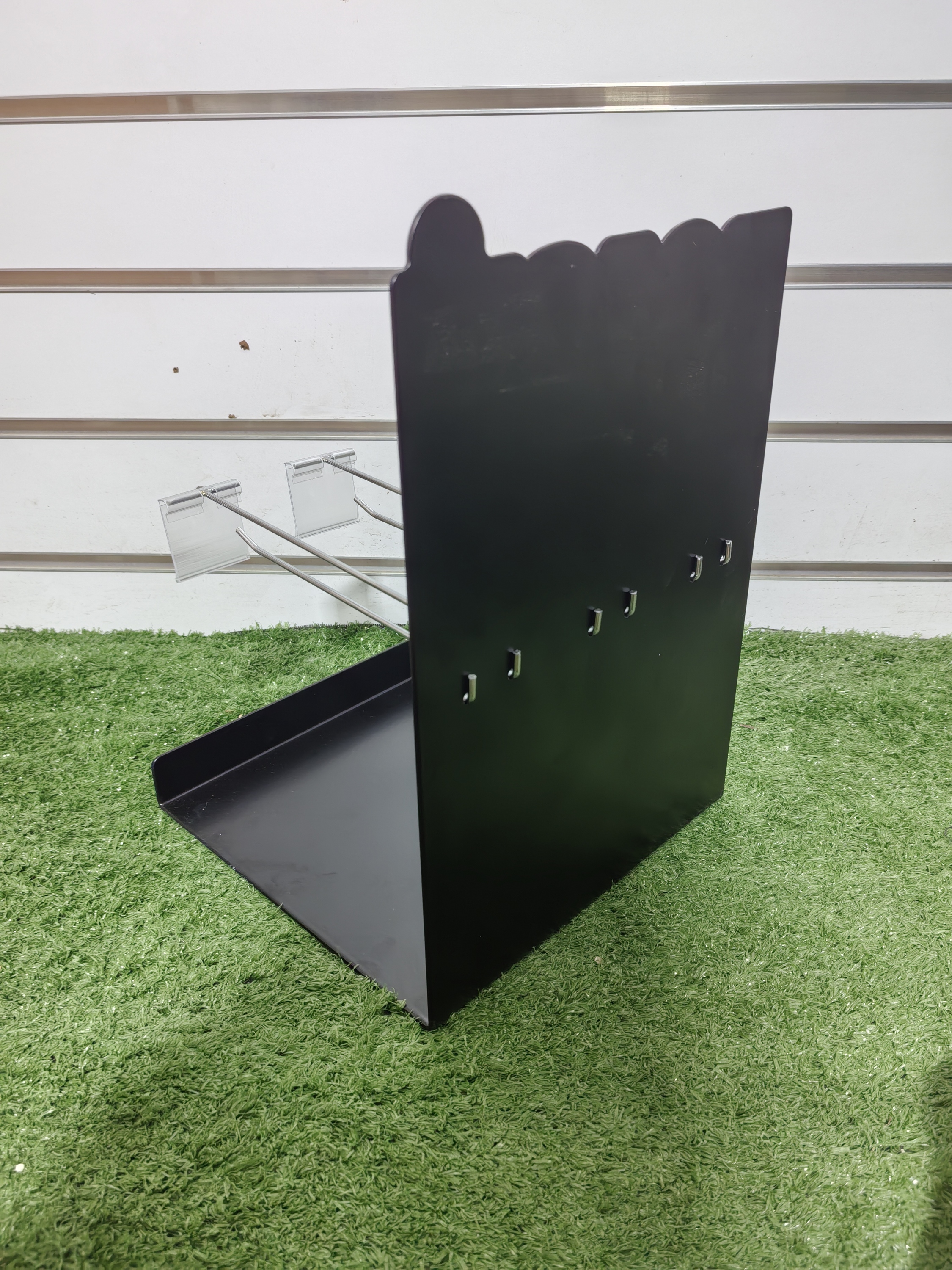 Small L-shaped Metal Display Rack with a Black Finish, Snack Counter Top Stand with 3 Hooks for Retail Shops. — view 3
