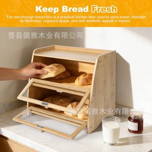 Caja de Almacenamiento de Pan de Bambú de Doble Capa con Tapa Abatible, Organizador de Alimentos para Cocina, Color Sólido, Hecho en Shandong - Product Image 4