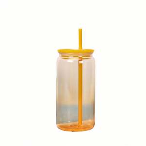 AGH Gobelet en verre transparent de 16 oz, écologique, avec couvercle et paille en plastique coloré rayé, Mug de sublimation - Product Image 1