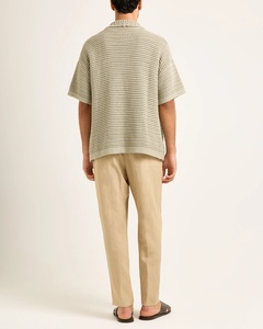 남자의 오픈 직조 니트 셔츠 반소매 린넨 혼방 버튼 업 캠프 칼라 크로 셰 뜨개질 스타일 최고 카키 - Product Image 3