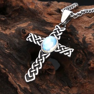 yunnique Stainless Steel Men's <b>Cross</b> Pendant Necklace With Blue Stone Bezel Setting Geometric Design Gift Jewelry - Product Image 4