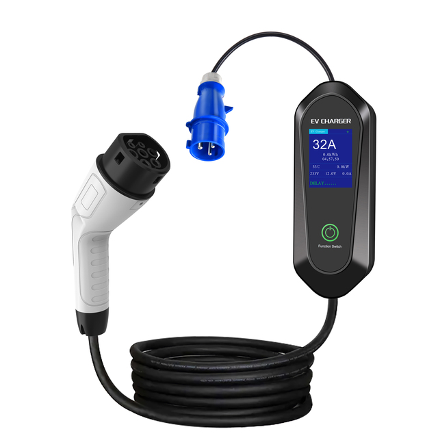 CEE 3 Pin Plug Type 2 EV Charger,Adjustable Amperage with Controllable Digital Screen-Electric Vehicle Motor Home Charging Cable