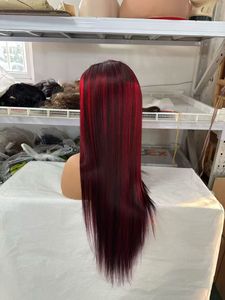 Perruque Lace Front Longue et Lisse en <span class=keywords><strong>Cheveux</strong></span> Humains, Bourgogne Foncé <span class=keywords><strong>avec</strong></span> Mèches Rouges, Pré-Pluckée, Dentelle Transparente - Product Image 2