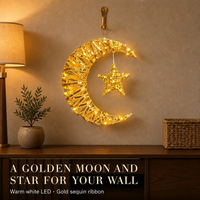 Ornement suspendu en forme de croissant de lune en ruban à paillettes dorées pour l'Aïd du Ramadan, avec étoile intérieure et LED chaude, réutilisable et durable pour mur, fenêtre, maison