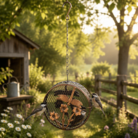 Mangeoire à oiseaux antique en métal brun avec ornement de branche florale, chaîne de suspension, cage à nourriture ouverte écologique, décoration de jardin extérieur