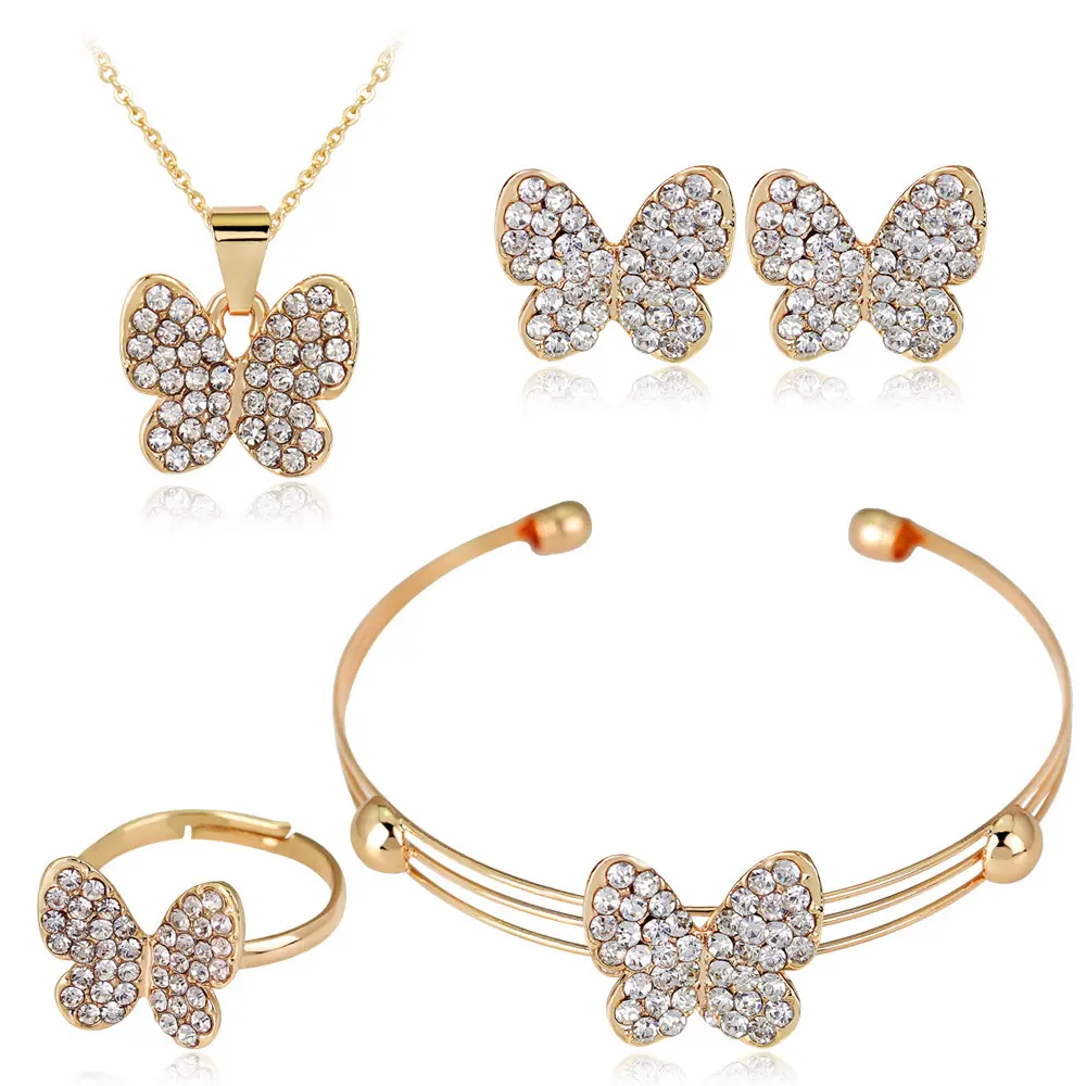 Trendy design crystal butterfly pendant necklace and earrings alloy 4 pcs rings and bracelet jewelry set for women