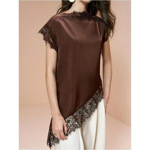 Robe d'été élégante en satin et dentelle pour femme, col rond, sans manches, asymétrique, transparente, pour sortir - Product Image 5