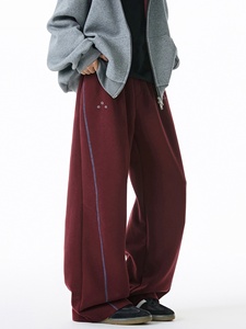 Pantalon de survêtement large bordeaux pour homme, taille élastique, rayures latérales, décontracté, en coton, pour l'automne - Product Image 1
