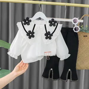 2022 Autumn for Girls New Children's Clothing Cute Lapel Flower Big Shirt with Bell Bottoms Two-Piece Set for Girls Baby Suit