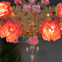 Lustre en verre soufflé à la main en forme de rose rose, 12 lumières E14, style Murano, lampe suspendue pour salle à manger de villa