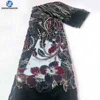 Kain Brokat Mewah Sinya Tradisional 3D Bermotif Bunga dengan Manik-Manik 5 Yard Ramah Lingkungan Bordir Mutiara Buatan Tangan untuk Pesta Pernikahan dan Acara Malam
