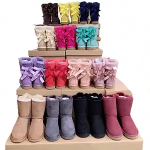 Wholesale Fashion Ladies Sheepskin Kids Women Winter Snow Ribbon Fur Boots With Bows 2024 Snow Boots For Woman