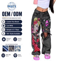 Jeans en denim Y2K en gros, style streetwear, coupe droite, imprimé pop art dessin animé, déchirés, pour femmes