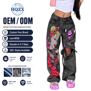 Jeans de mezclilla Y2K al por mayor, estilo urbano, de pierna recta, con estampado de dibujos animados Pop Art, desgastados y rotos para <span class=keywords><strong>mujer</strong></span> - Product Image 1