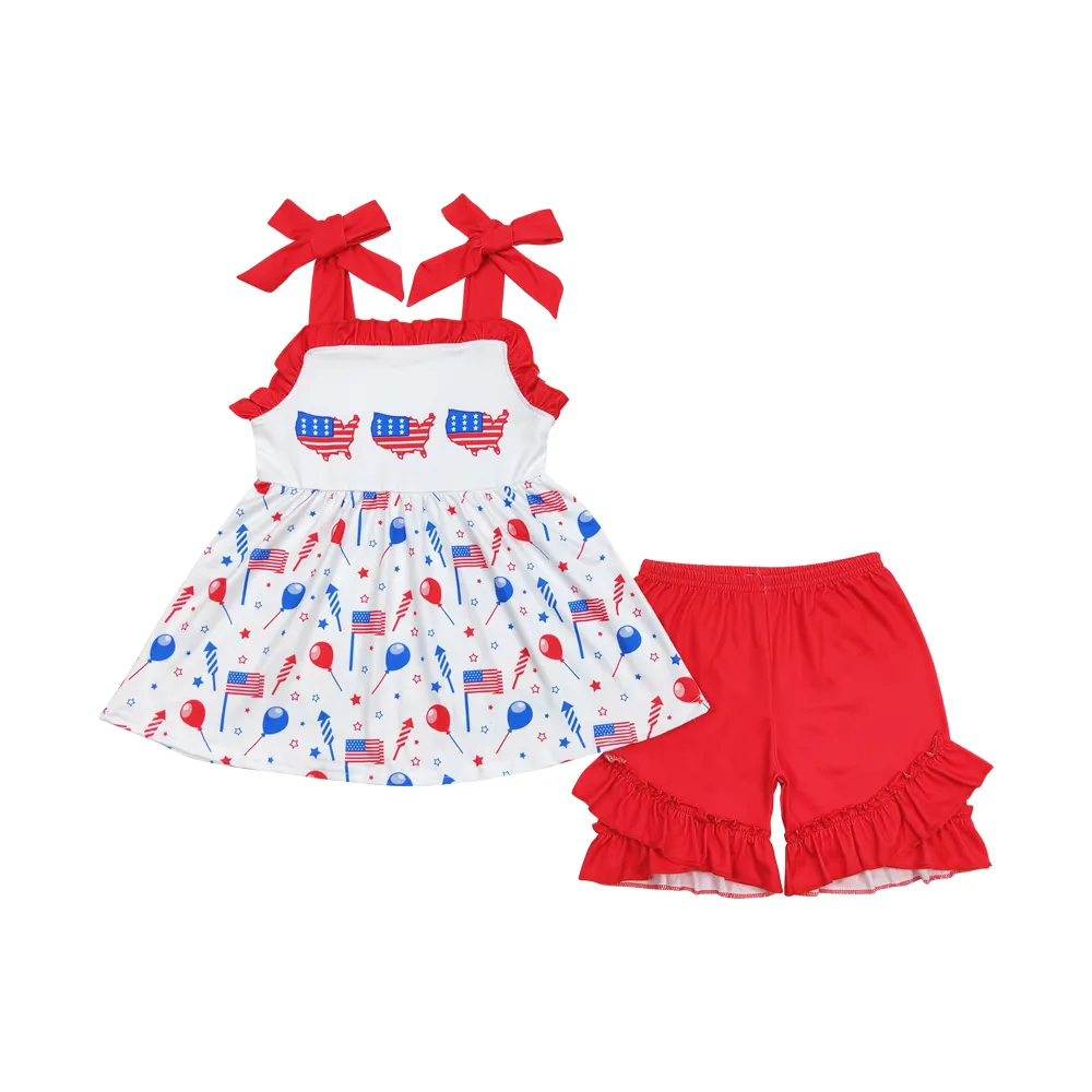 Baby- und Mädchenbekleidung Schlussverkauf Großhandel Sommer Feiertag 4. Juli USA Flagge Feuerwerk Ballon-Tunika Oberteil Rot