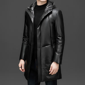 سترة جلدية رجالية للشتاء، تصميم جديد، متوسطة الطول، بغطاء للرأس، من جلد الغنم، محشوة بريش البط الأبيض، معطف واقي من الرياح عالي الجودة - Product Image 3