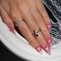 Faux ongles à presser en acrylique transparent effet gelée, longs, forme amande, avec motif cœur 3D pailleté, effet vague de couleur rose pêche, personnalisables, pour rendez-vous et trajets quotidiens
