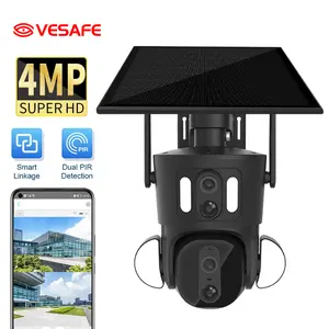 VESAFE 2K 4G 태양광 보안 카메라 4MP 듀얼 렌즈 화면 무선 실외 WiFi 태양 전지판 PTZ Cctv 모션 트래킹 캠