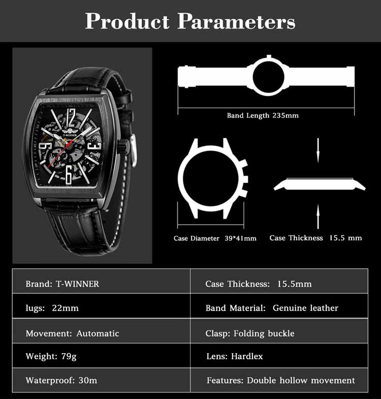 WINNER 8199 президентские черные мужские механические часы с красивым ремешком из искусственной кожи Квадратные лучшие компактные электрические часы в комплекте