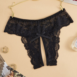 Tanga de encaje negro con abertura en la entrepierna para mujer, lencería sexy de talla grande, ropa interior transparente de nailon para mujer - Product Image 3