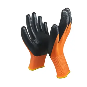 custom logo 13 gauge orange nylon knitted liner coated black smooth nitrile dipped hand job heavy duty work gloves