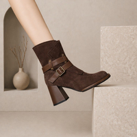 Bottines à talons carrés pour femmes, en daim, avec double boucle, détails cloutés, fermeture éclair latérale, bottes tendance, 2 couleurs