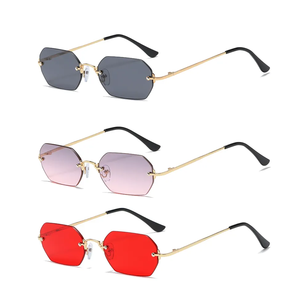 Kacamata hitam persegi tanpa bingkai kecil wanita tren Fashion kacamata matahari logam kacamata desainer merek wanita