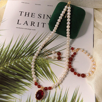 Ensemble de bijoux en argent plaqué or de luxe, collier, bracelet et boucles d'oreilles en agate rouge et perles, certifié NGTC, pour femmes