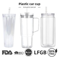 Transparante koude dranken-/fruitsapbeker met plat deksel, dubbelwandig, auto-afsluitbaar, lekvrij, plastic beker met rietje en plat deksel