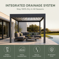 Pergola extérieure en aluminium sur mesure avec lames motorisées imperméables et gouttière pour jardin, terrasse, patio, usage de loisirs