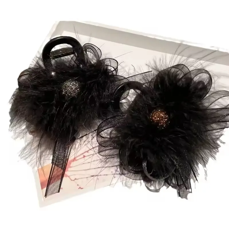 Pearl Net Yarn Feather Hairpin Gentle Grab Clip Shark Clip Fashion Clip Hair Accessories Temperament Headdress